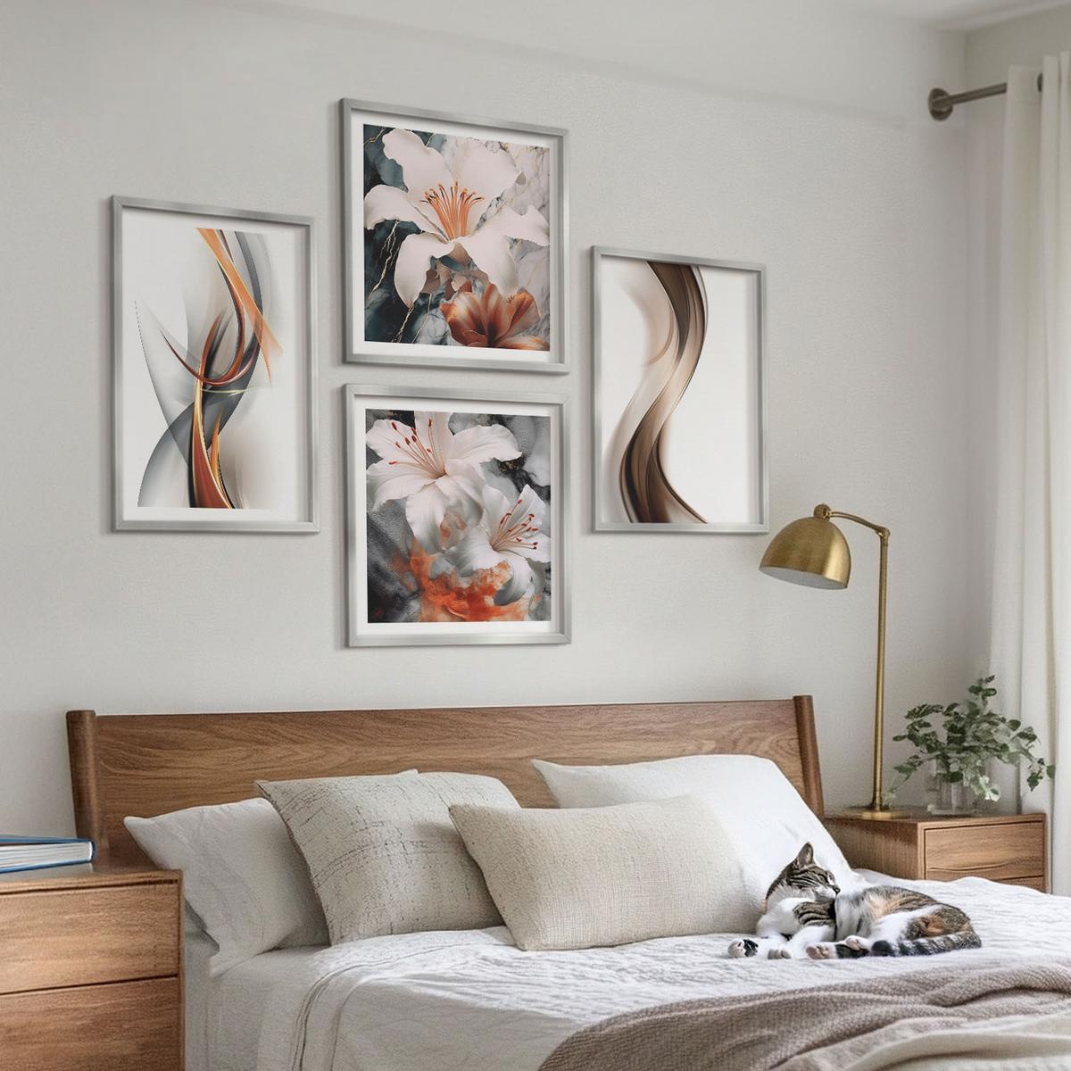 BILDER SET 4er Set - 50x50 cm & 40x60 cm Silberner Rahmen - Gelbgrau-braune Wellen - Silberfarben, Kunststoff (50/50cm) - TULUP
