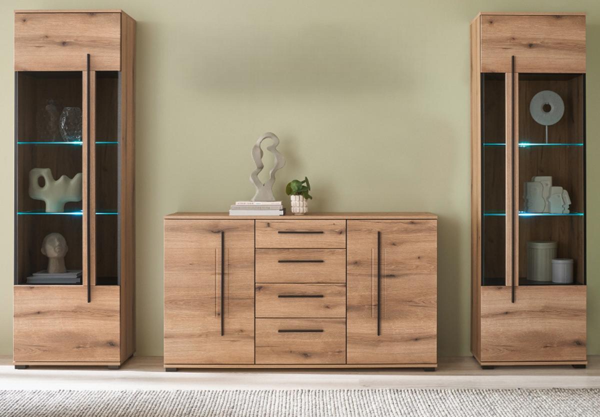 WOHNWAND Eiche Evoke, Wohnkombination 3-teilig mit Beleuchtung - Eichefarben/Schwarz, Glas/Holzwerkstoff (290/200/42cm) - Furn.Design