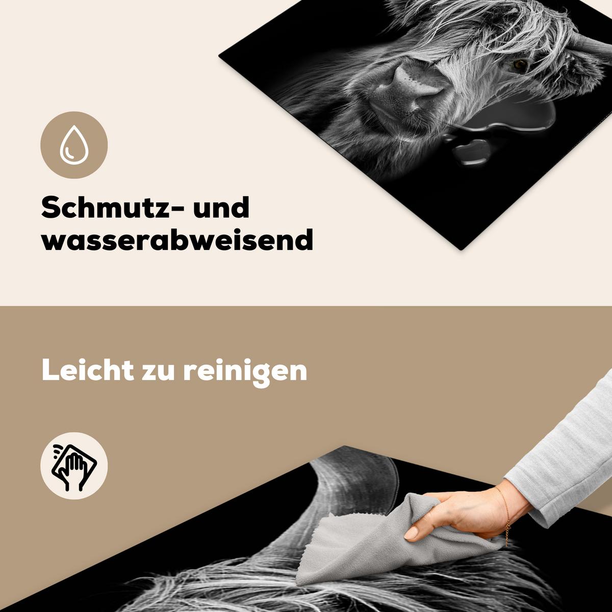 HERDABDECKPLATTE Schottischer Highlander - Hörner - Schwarz - Weiß - Kuh - Wild - Tiere Abdeckung Ceranfeld 58.3x51.3 cm - Schwarz, Kunststoff (58.3/51.3/0.2cm) - MuchoWow