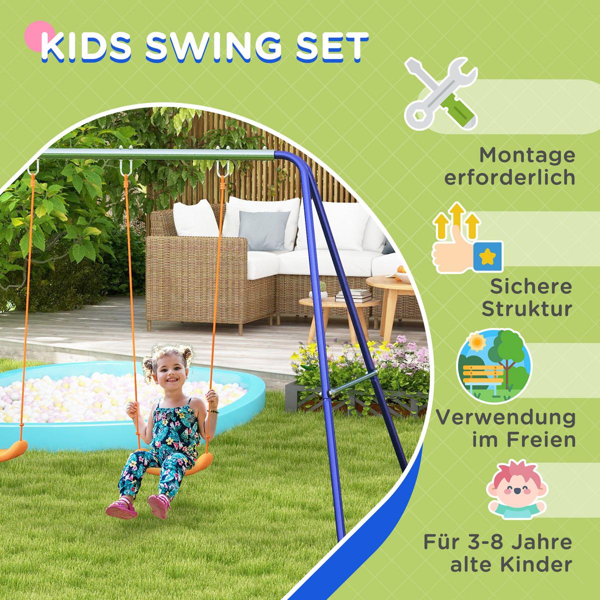 KINDERSCHAUKEL-SET Schaukelgestell mit 2 Schaukeln, Schaukelgerüst für 3-8 Jahre - Multicolor, Kunststoff/Metall (160/269cm) - Outsunny