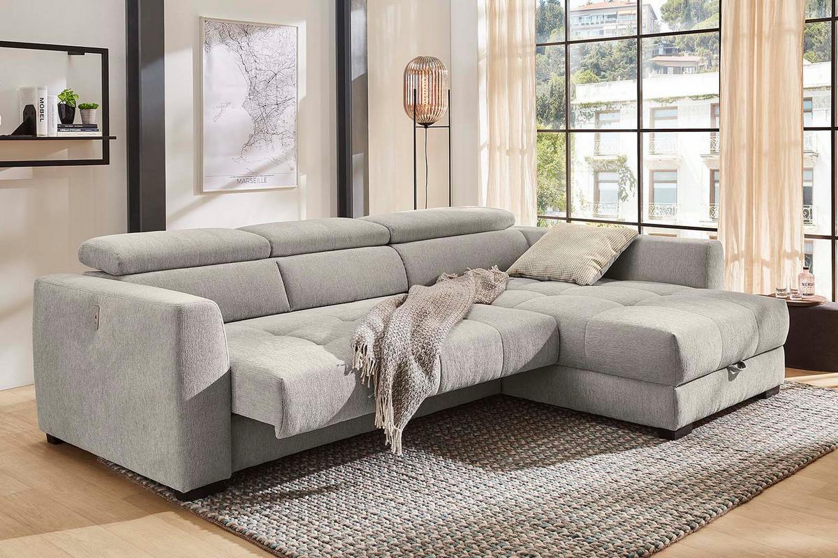 ECKSOFA mit elektrischer Sitztiefenverstellung, Kopflehnen verstellbar, USB-Ladefunktion, Bettkasten B300/T196/H103 cm, Chenille Grau / 15408 - Schwarz/Grau, Kunststoff/Textil (300/196cm) - luma-home