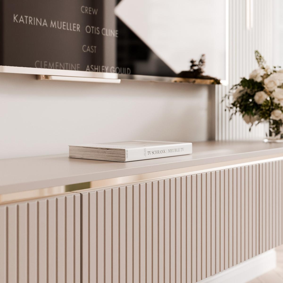 GERIFFELTER TV-Schrank SELIA 200 cm auf Füßen, Kaschmir mit goldener Zierleiste und LED-Beleuchtung - Kaschmir, Holzwerkstoff (200/42/35cm) - Idohome