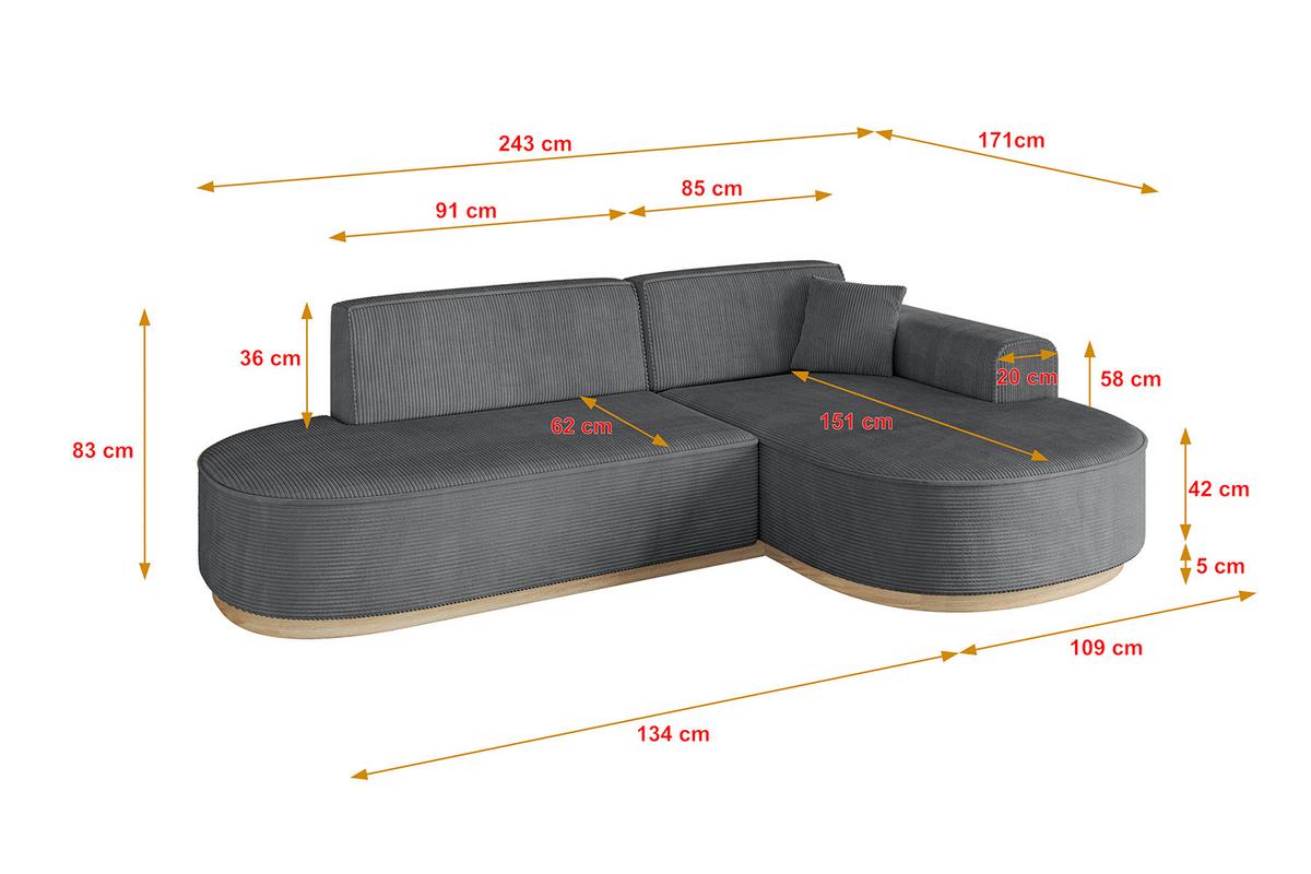 ECKSOFA Ottomane Rechts MARI-L1-v1 - 243x171x83 cm Dunkelgrau Cord - Dunkelgrau, Holzwerkstoff/Textil (171/243cm) - ALTDECOR