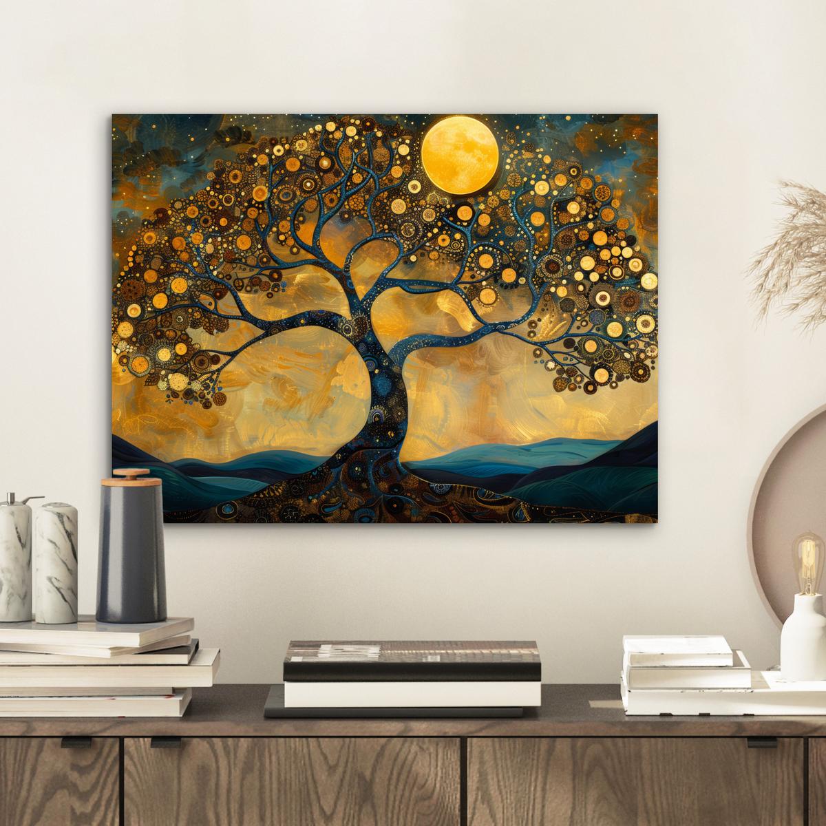 METALLBILD Baum - Mond - Blumen - Gold - Kunst 40x30 cm - Orange, Metall (40/30cm) - MuchoWow