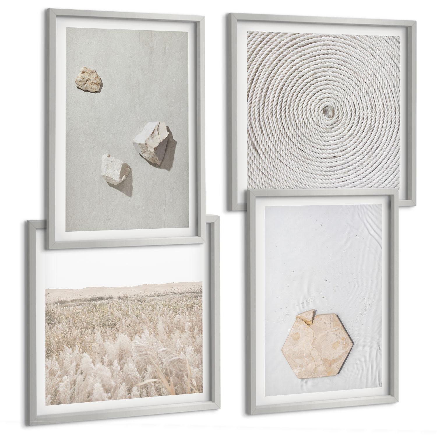 BILDER SET 4er Set - 50x50 cm & 40x60 cm Silberner Rahmen - Leichte Boho-Sandtexturen - Silberfarben, Kunststoff (50/50cm) - TULUP