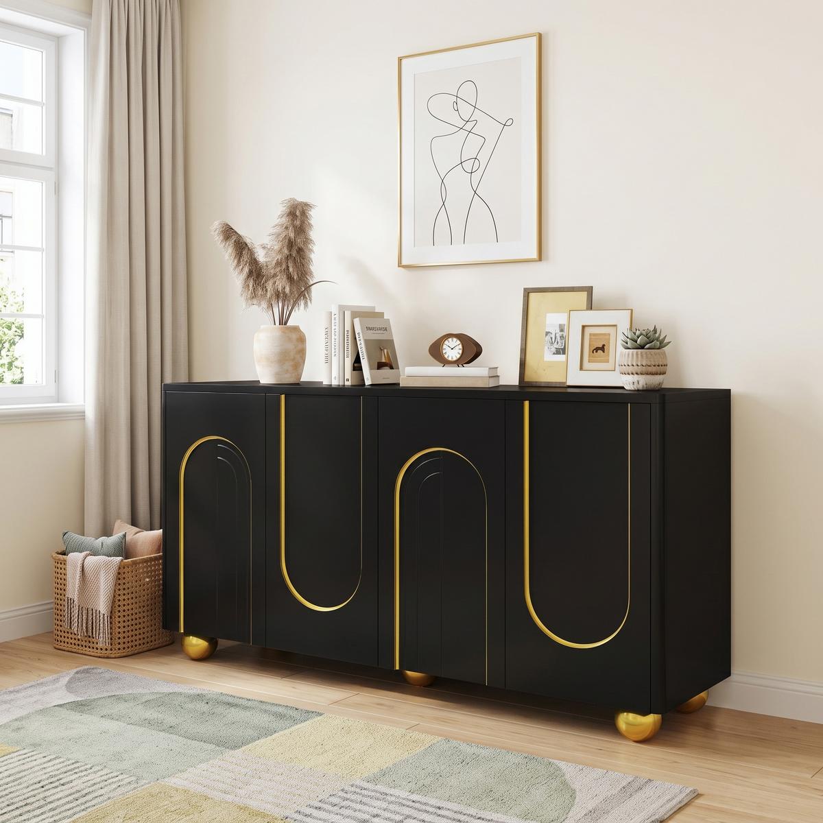 SIDEBOARD 140cm Schwarz mit Gold-Bogen-Dekor, 4 Türen & Kugel-Füßen - Schwarz, Holzwerkstoff (140/74/40cm) - Urban Meuble