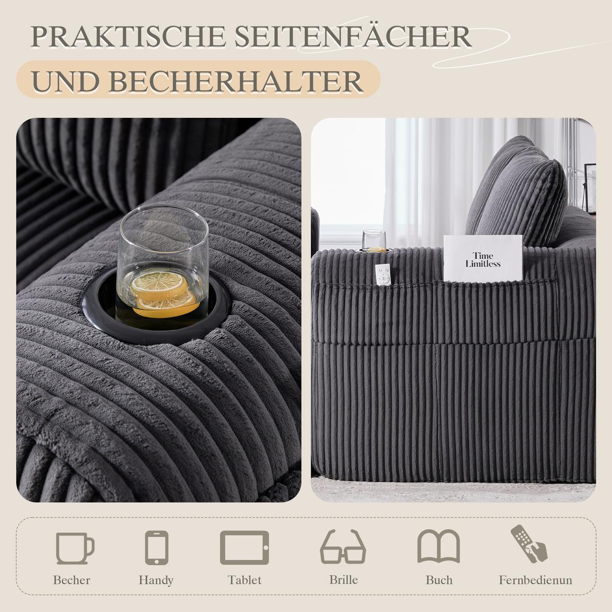 CHAISELONGUE in Cord Übergroßer Relaxsessel mit Seitentaschen - Dunkelgrau, Textil (158/61/93cm) - Urban Meuble