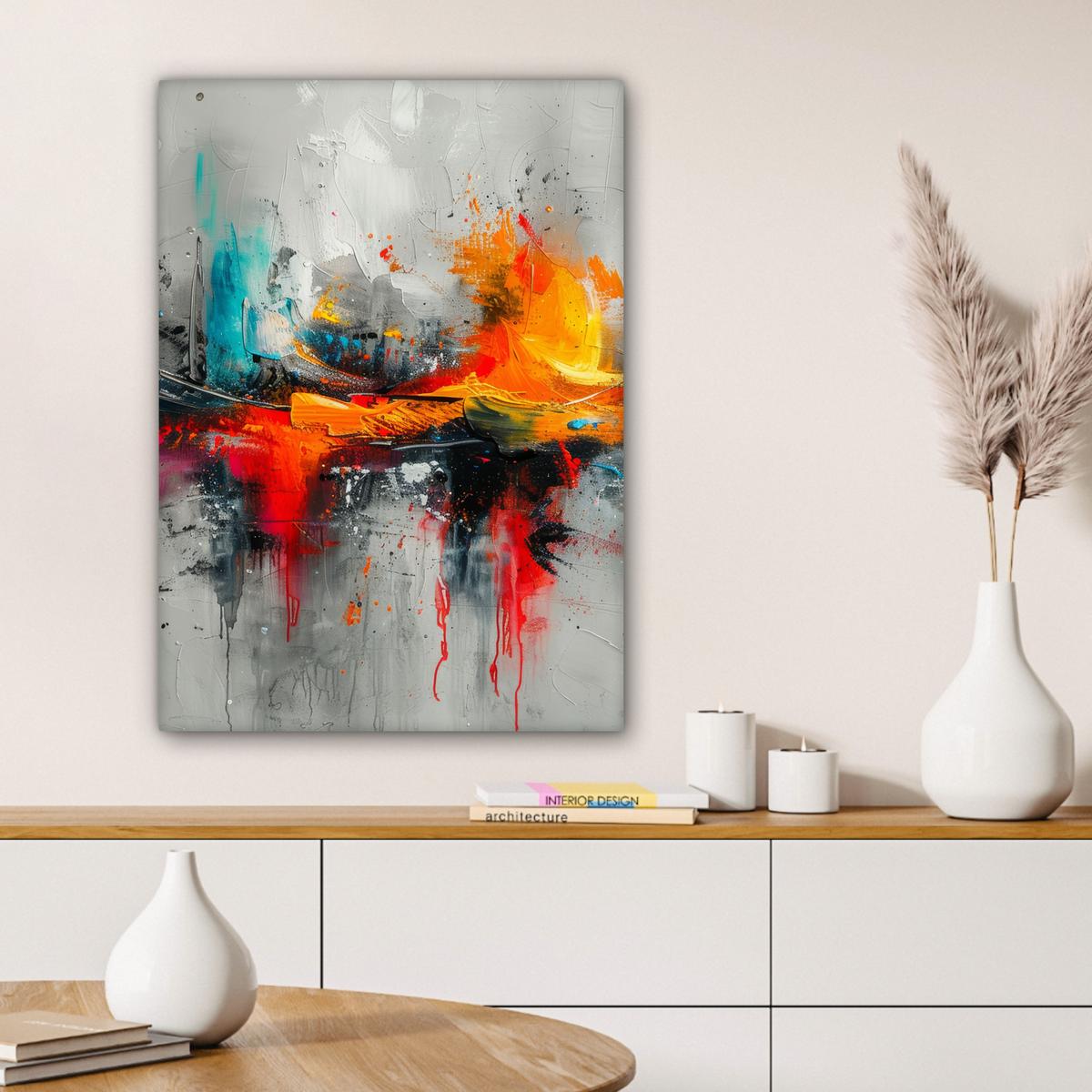 LEINWANDBILD Moderne Kunst - Orange - Grau - Abstrakt Wandbild Wohnzimmer 60x80 cm - Hellgrau, Textil (60/80cm) - MuchoWow