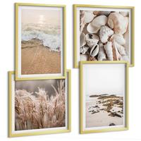 BILDER SET 4er Set - 50x50 cm & 40x60 cm Goldrahmen - Strandgras, Wellen, Steine, Boho-Stil - Goldfarben, Kunststoff (50/50cm) - TULUP