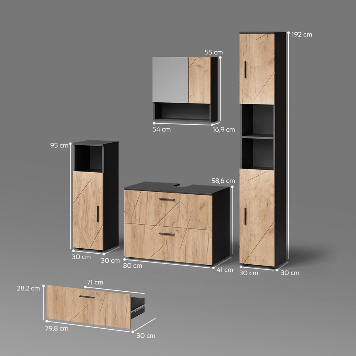 BADMÖBEL-SET Ronco Goldkraft Eiche/Anthrazit 4 Teile, mit Schubladenschrank und Hochschrank - Honigeiche/Anthrazit, Holzwerkstoff (80/58/41cm) - Livinity®