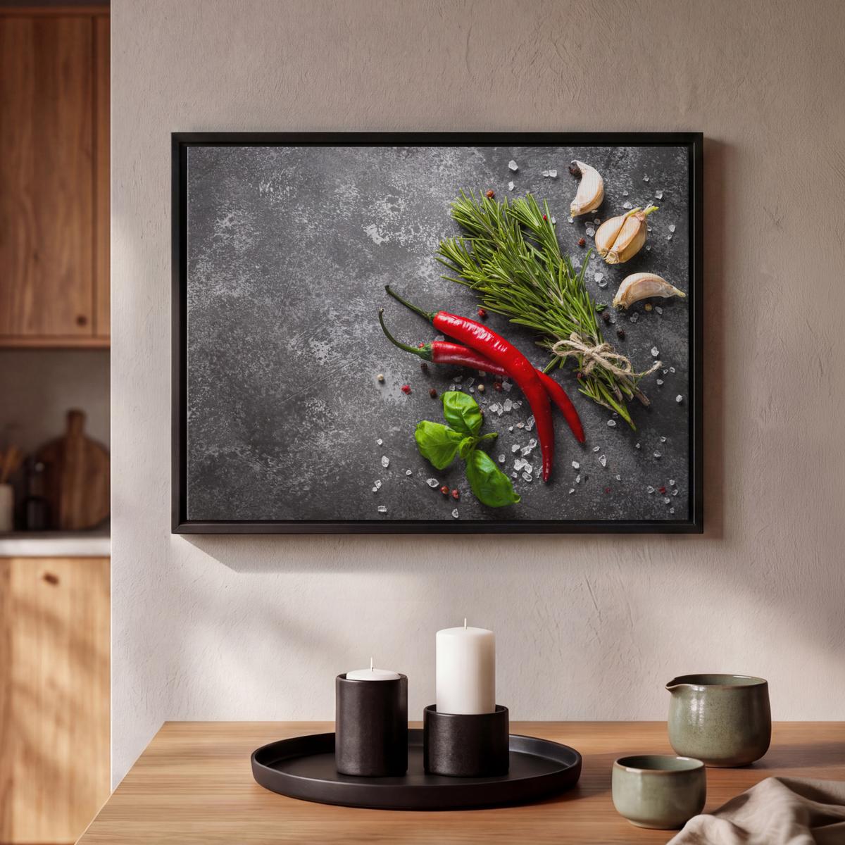 LEINWAND Bilder mit Rahmen - Pfeffer - Kräuter - Gewürze - Beton - 40x30 - Dunkelgrau, Textil (40/30cm) - MuchoWow