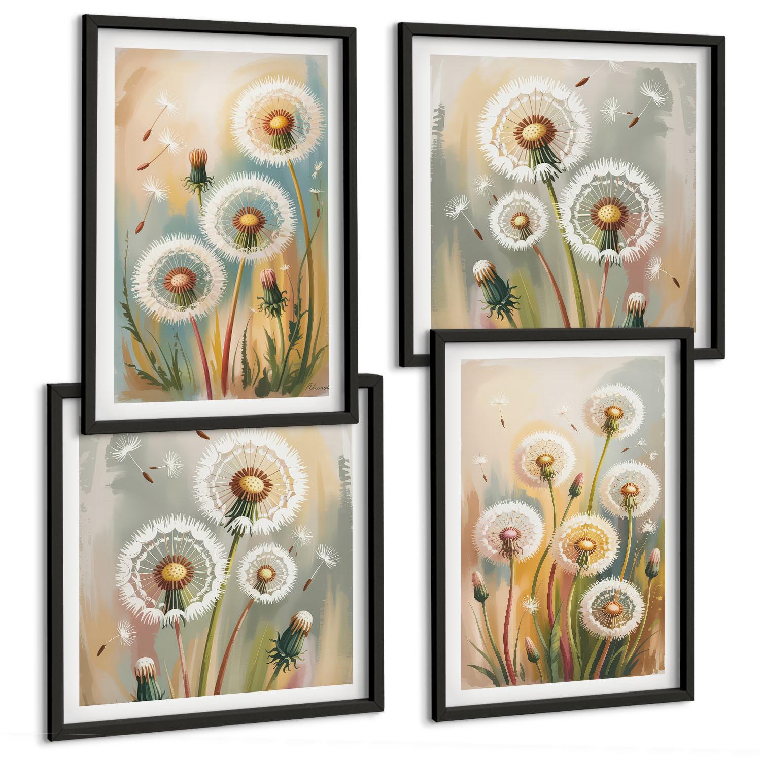 BILDER SET 4er Set - 50x50 cm & 40x60 cm Schwarzer Rahmen - Löwenzahnblüten, pastellfarbene Gräser - Schwarz, Kunststoff (50/50cm) - TULUP