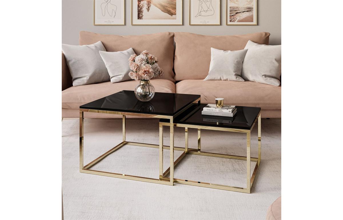 COUCHTISCH YOSHI 2in1 70/70/42 cm Gold Chrom / Schwarz Hochglanz - Schwarz, Holzwerkstoff/Metall (70/70/42cm) - Lookway