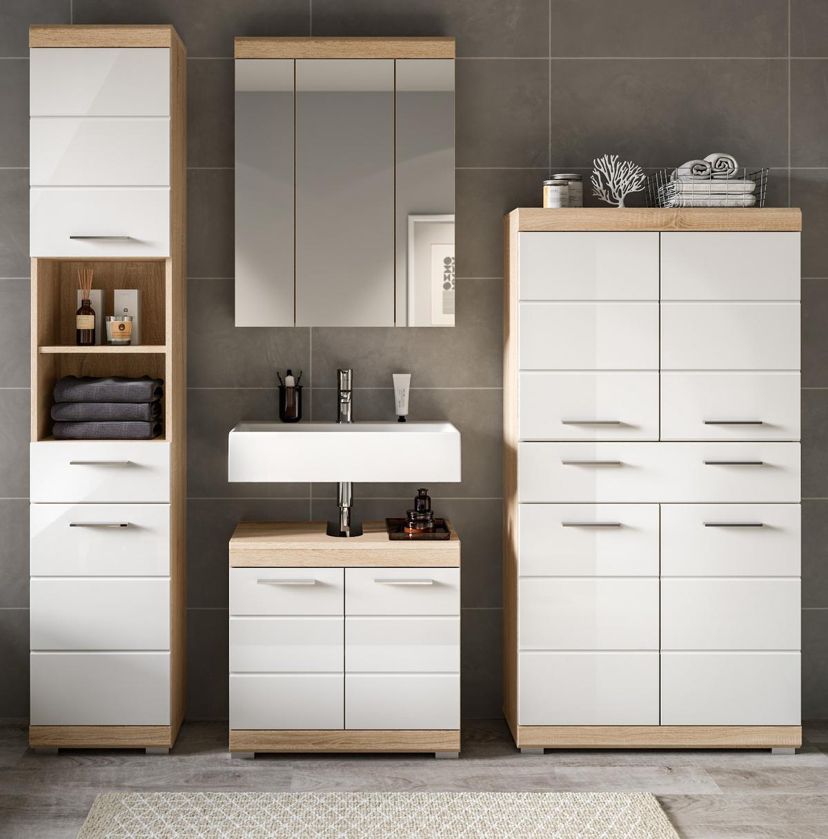 BADMÖBEL-SET weiß Hochglanz, Eiche 4-teilig 186 cm, viel Stauraum - Weiß Hochglanz/Eichefarben, Holzwerkstoff (186/191/34cm) - Inn.Furn