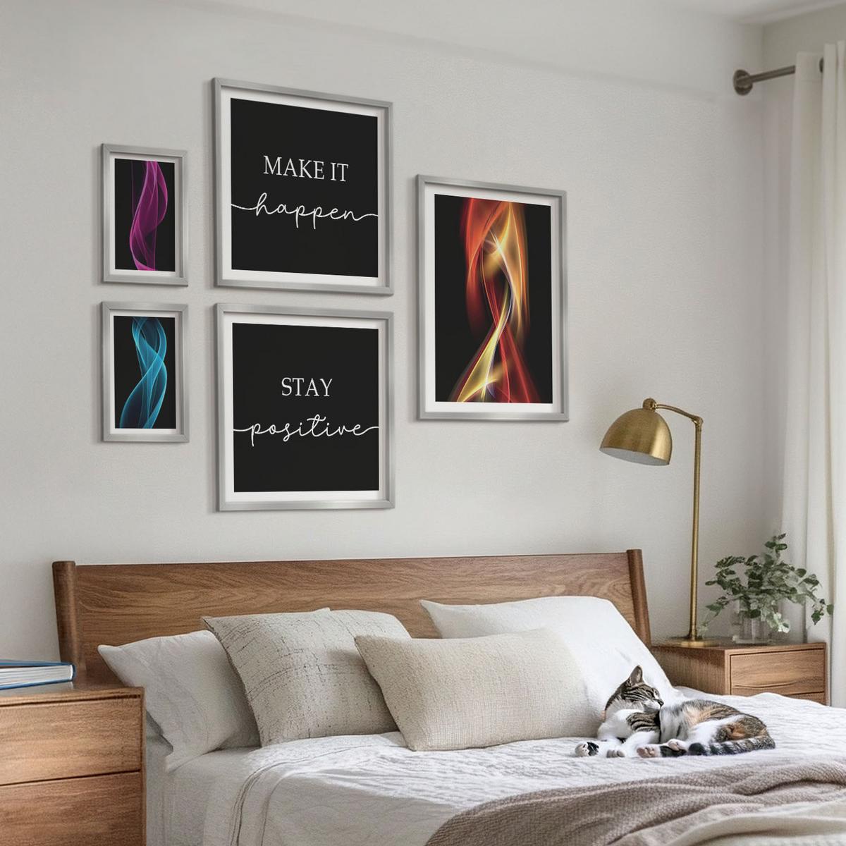 BILDER SET 5er Set - 50x50 cm & 20x30 cm & 40x60 cm Silberner Rahmen - Blumen Marmor weiß schwarz - Silberfarben, Kunststoff (40/60cm) - TULUP