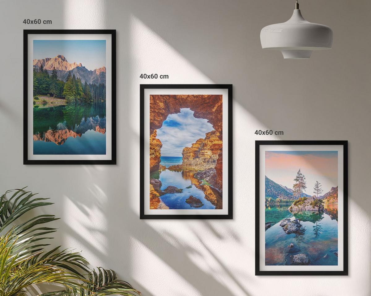 BILDER SET 3er Set - 40x60 cm Schwarzer Rahmen - Spiegelungen der Felsen in Bergseen - Schwarz, Kunststoff (40/60cm) - TULUP