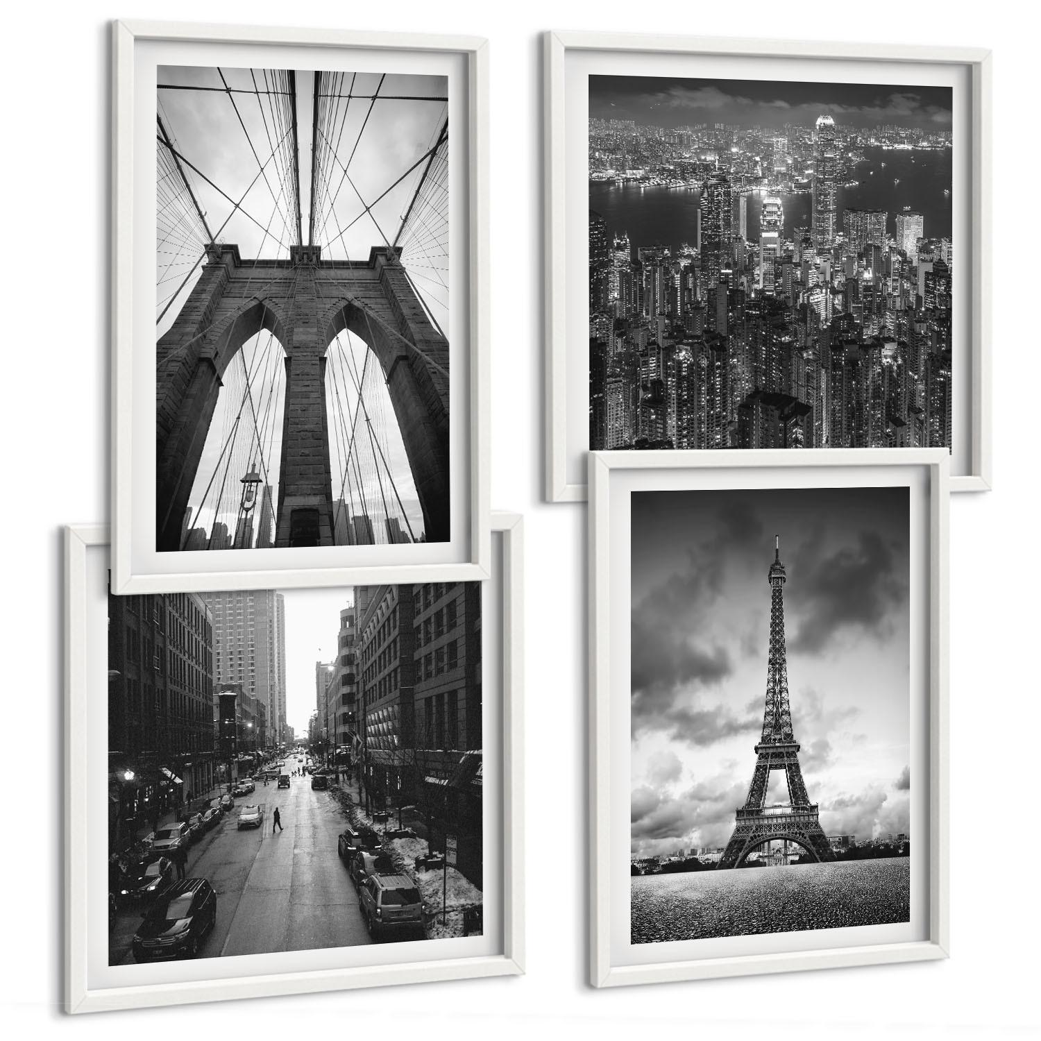 BILDER SET 4er Set - 50x50 cm & 40x60 cm Weißer Rahmen - Monochromatische Brückentürme - Weiß, Kunststoff (50/50cm) - TULUP