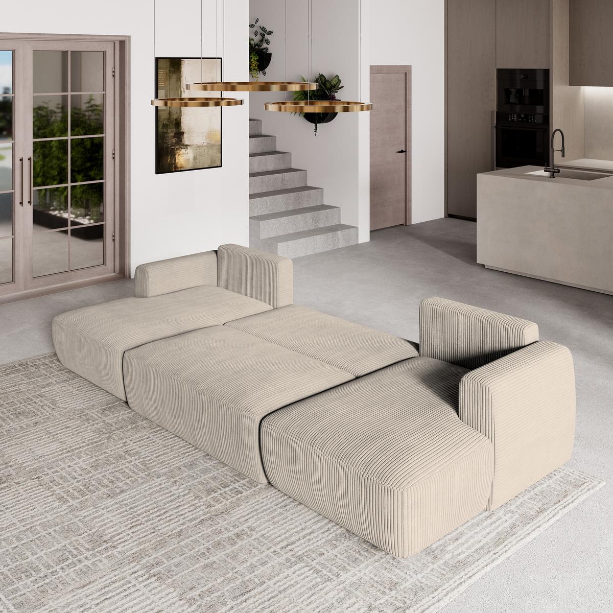 WOHNLANDSCHAFT SENTUM P Creme Kordstoff mit Schlaffunktion - Creme/Schwarz, Holz/Kunststoff (330/90/148cm) - MASSENO