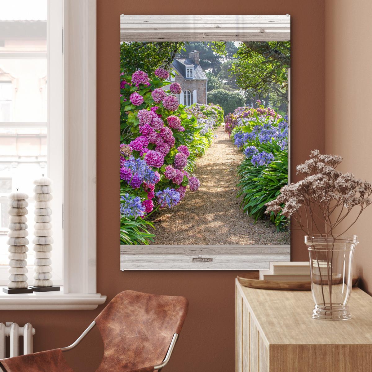 ACRYLGLASBILD Hortensie - Durchsichtig - Blumen - Sommer - Lila - Weg 80x120 cm - Lila, Glas (80/120cm) - MuchoWow