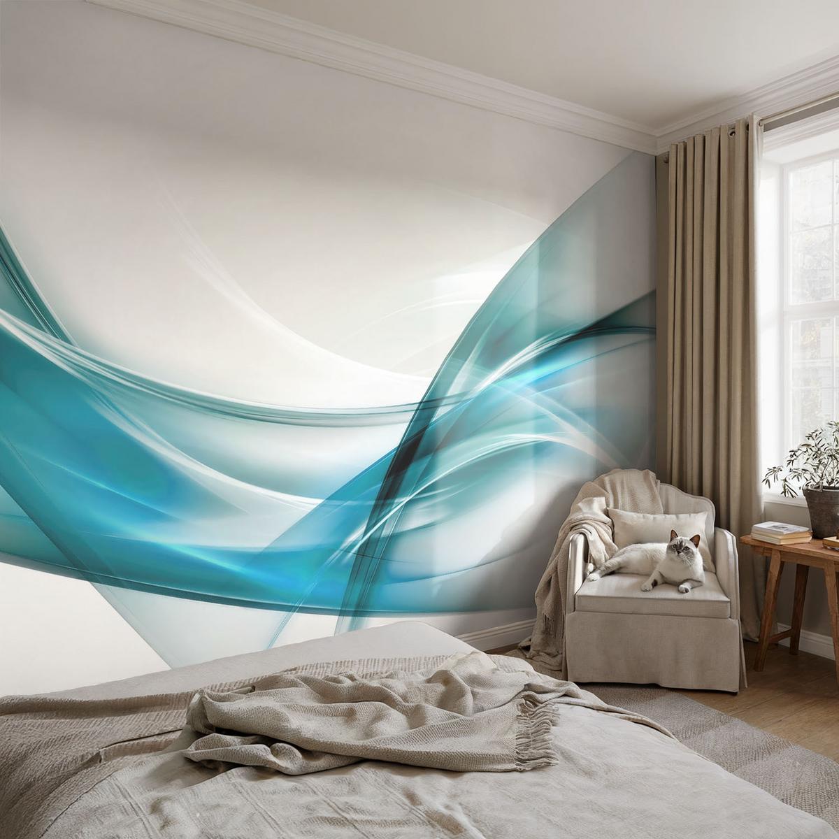 FOTOTAPETE 312x219 cm - Blaue Wellen - Weiß, Textil (312/219cm) - Wallfluent