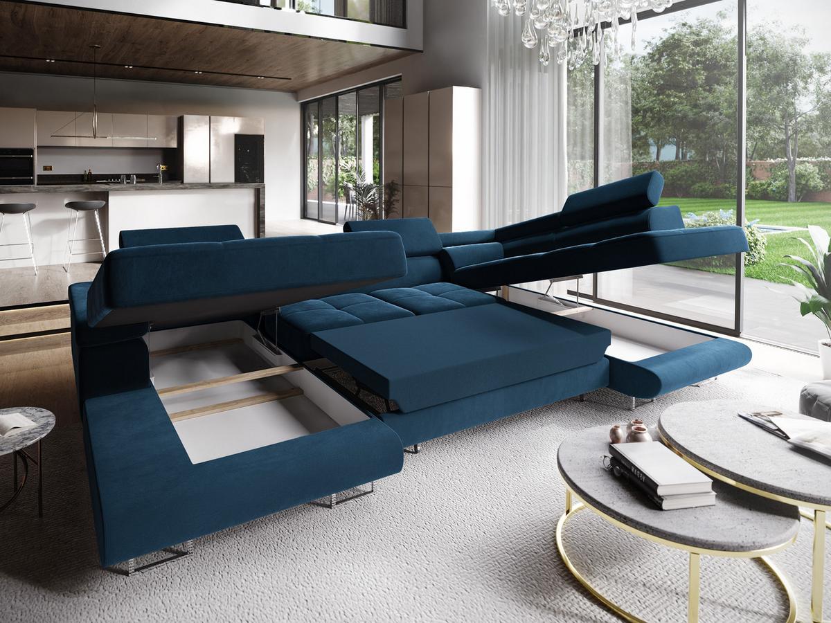 WOHNLANDSCHAFT CASONE R-S Blau Velours-Stoff mit Schlaffunktion - Blau/Silberfarben, Holz/Textil (345/90/202cm) - MASSENO