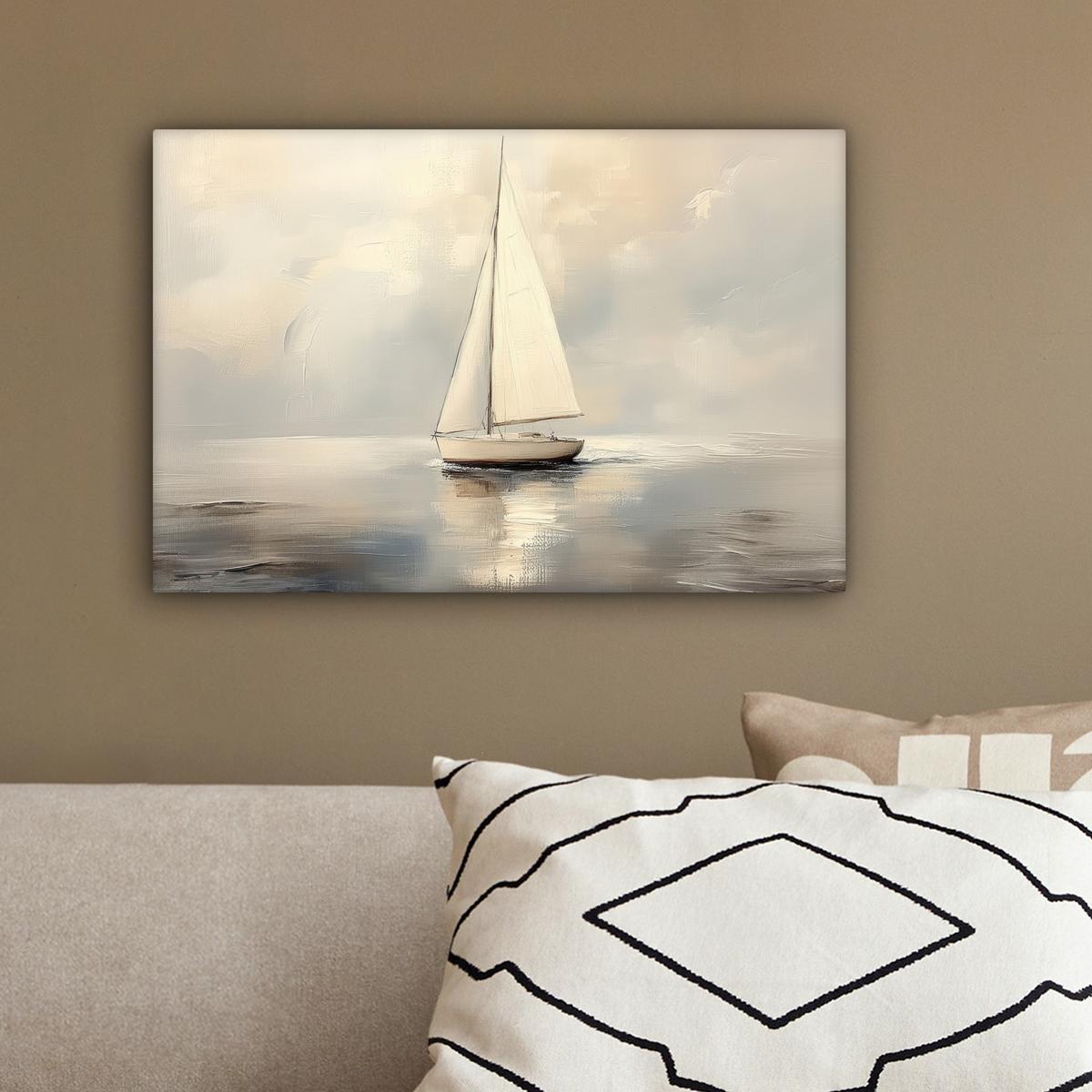 LEINWANDBILD Segelschiff - Meer - Bewölkt Deko Schlafzimmer 30x20 cm - Creme, Textil (30/20cm) - MuchoWow