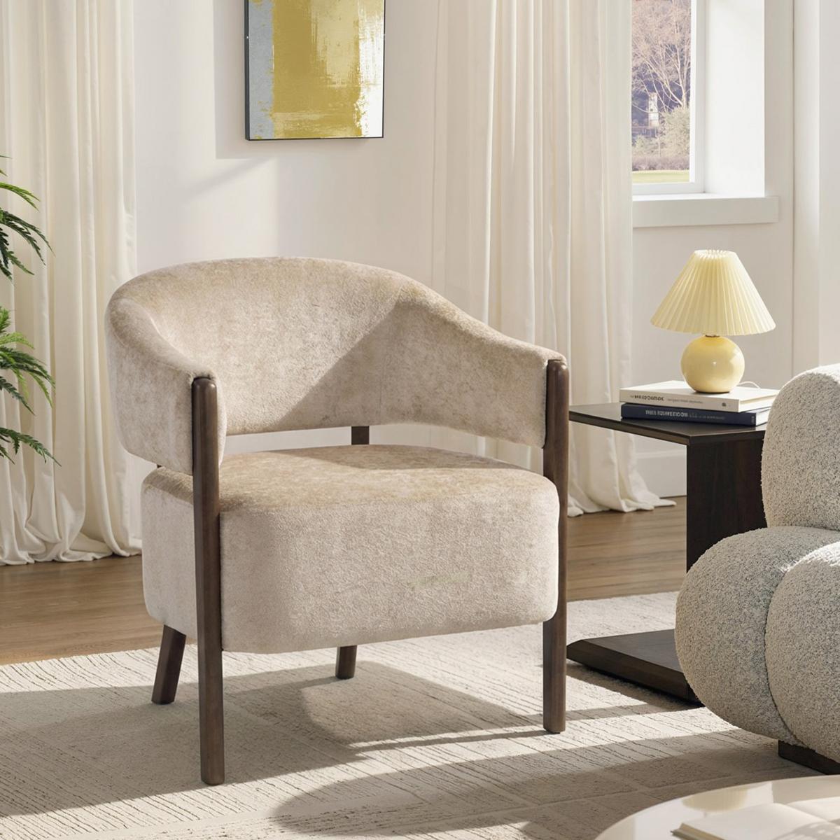 SESSEL Chenille Holz Beige - Beige/Braun, Holz/Textil (63.5/78.5/71cm) - HOMCOM