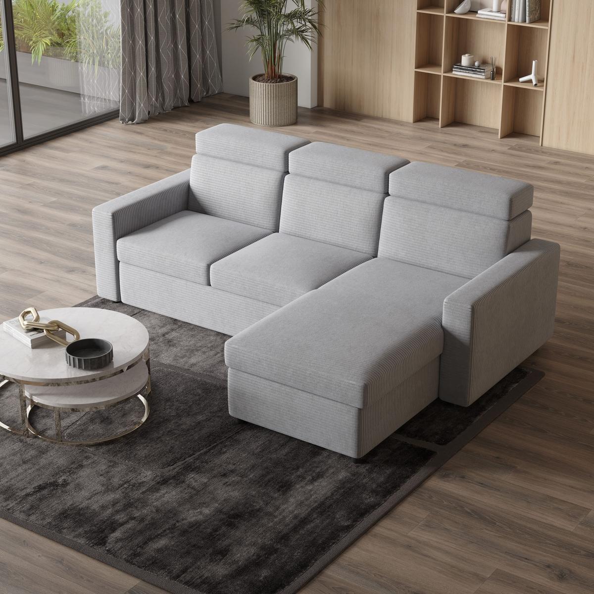 ECKSOFA PADWA Hellgrau Kordstoff mit Schlaffunktion - Hellgrau/Schwarz, Holz/Kunststoff (227/168cm) - MASSENO