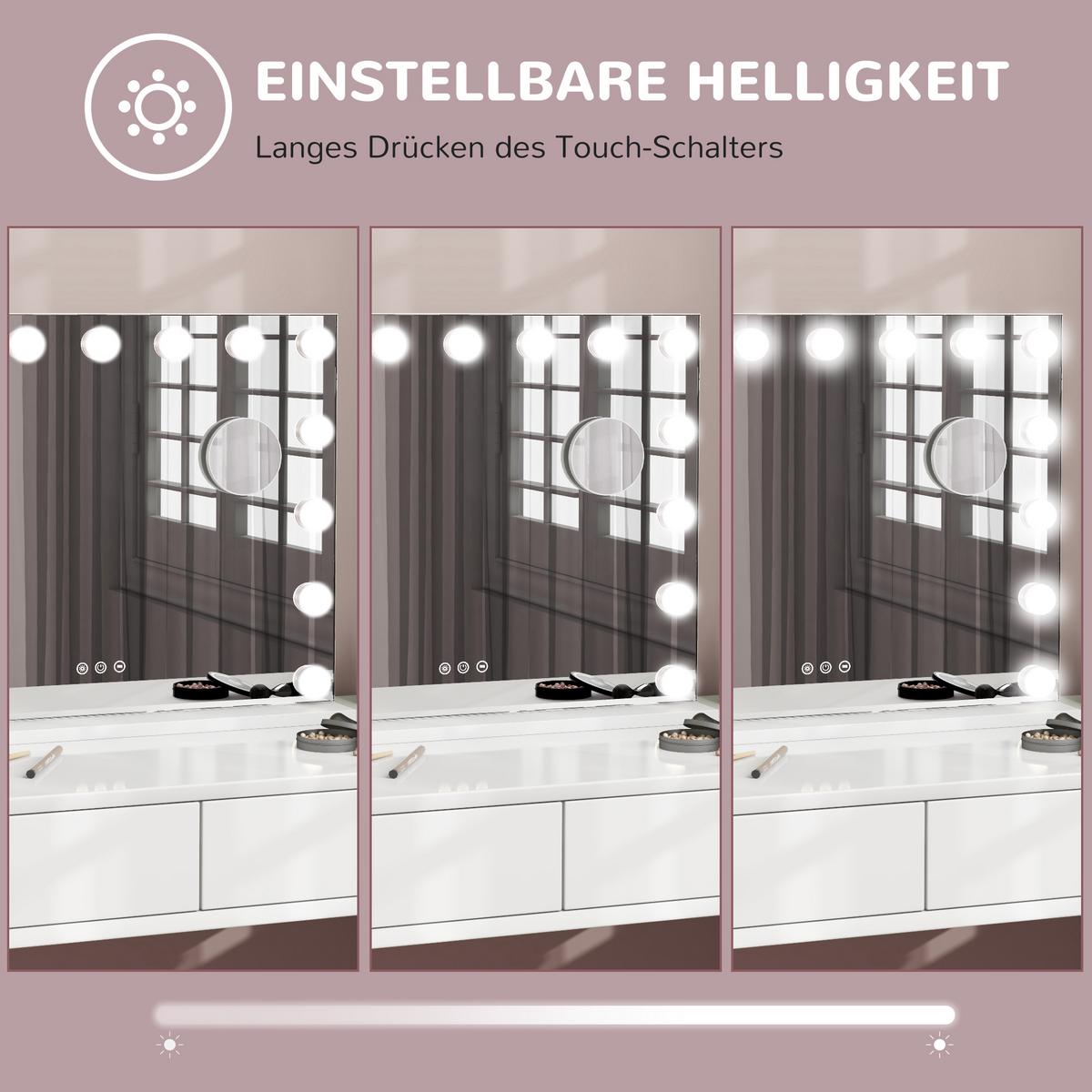HOLLYWOOD Spiegel mit Beleuchtung, Dimmbar Schminkspiegel mit 15 LED Licht - Weiß, Glas (14/48/58cm) - HOMCOM