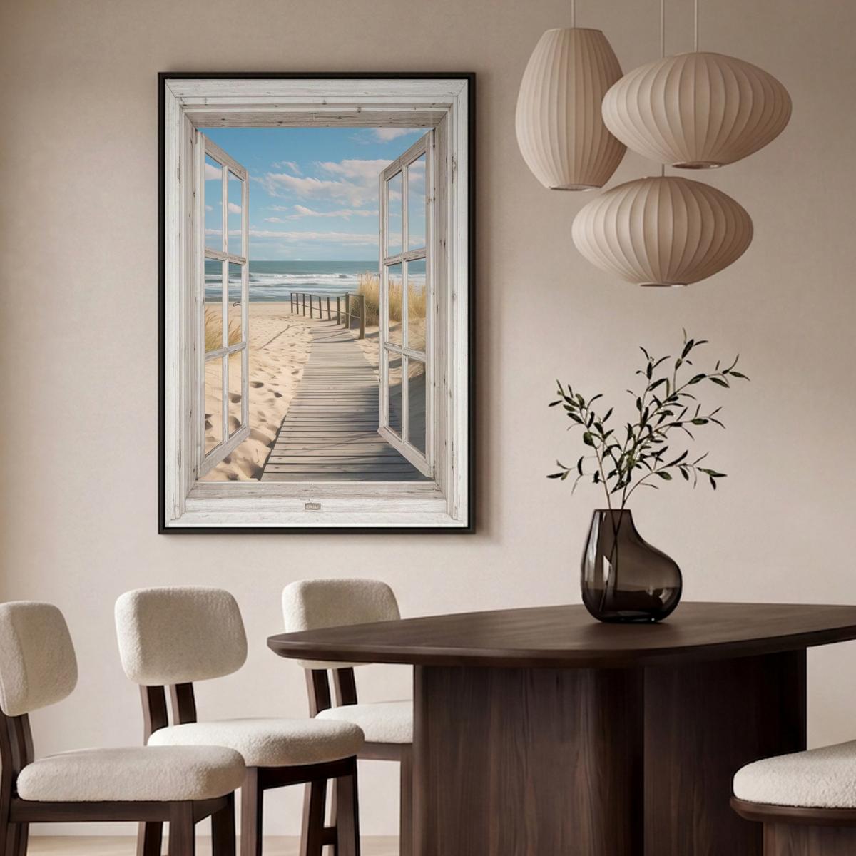 LEINWAND Bilder mit Rahmen - Fenster - Meer - Küste - Natur - Ausblick - Strand - Wattenmeer - 80x120 - Beige, Textil (80/120cm) - MuchoWow