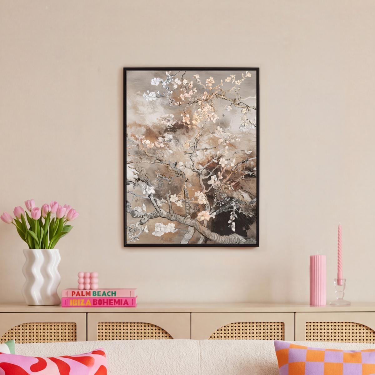 LEINWAND Bilder mit Rahmen - Mandelblüte - Kunst - Van Gogh - Beige - Abstrakt - 50x70 - Braun, Textil (50/70cm) - MuchoWow