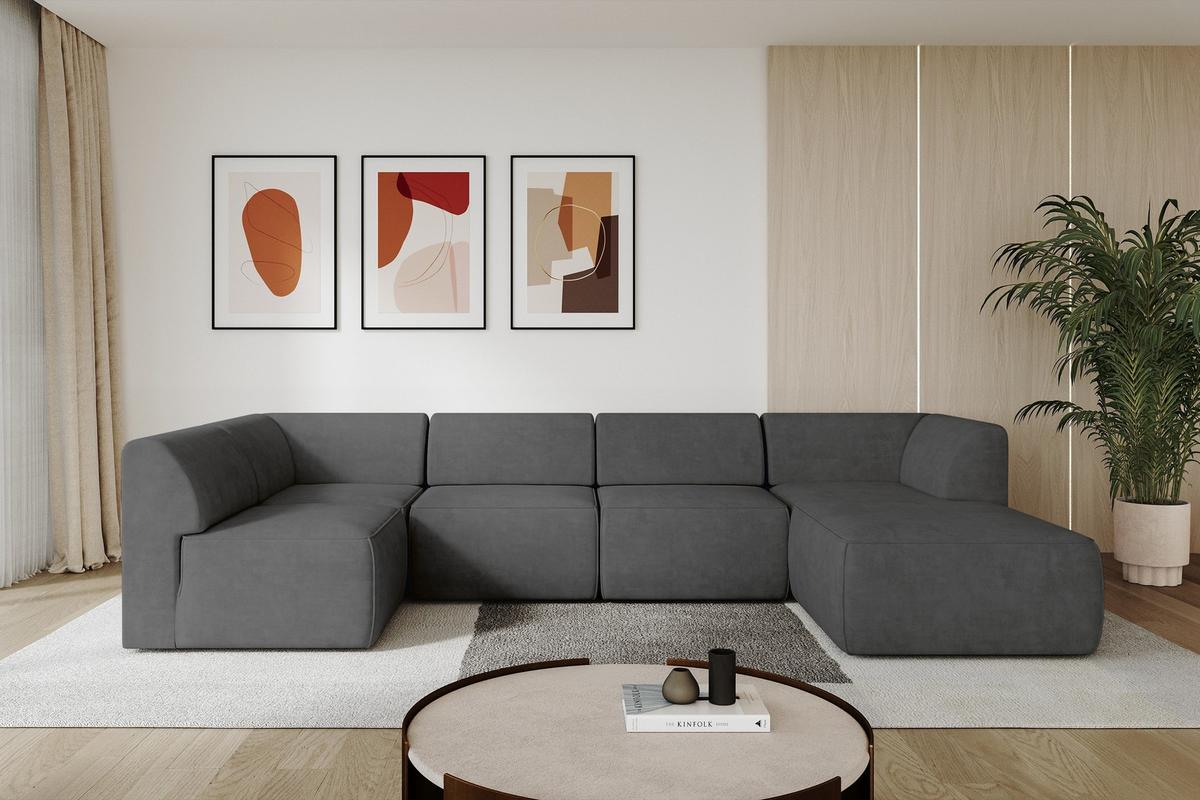 WOHNLANDSCHAFT Ottomane Rechts MOVO-L 345x180x78 cm Dunkelgrau Velours - Eschefarben, Holzwerkstoff/Kunststoff (180/78/345cm) - ALTDECOR