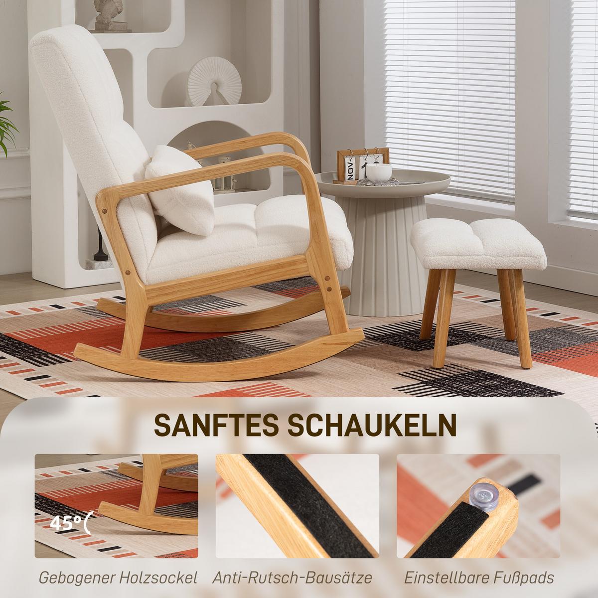 SCHAUKELSTUHL mit Hocker Schaukelsessel mit Fleeceoptik, Armlehnen, Holzkufen - Weiß, Kunststoff (64.5/99/82cm) - HOMCOM