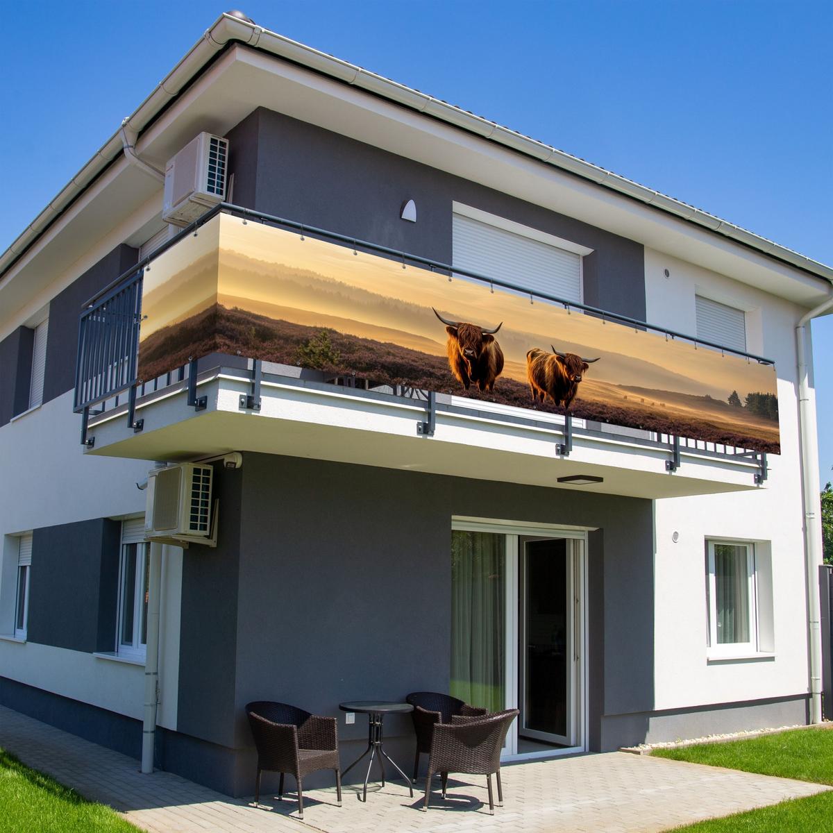 BALKON-SICHTSCHUTZ Schottische Hochlandbewohner - Heide - Landschaft - Tiere Groß 500x90 cm - Cognac, Kunststoff (500/90cm) - MuchoWow