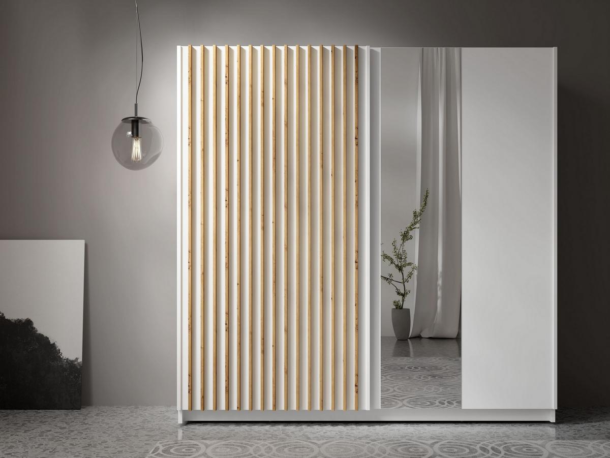 SCHWEBETÜRENSCHRANK MAREN 200,2/198,5/55,4cm 2-türig mit Spiegel Weiß - Eiche Artisan/Weiß, Holzwerkstoff (200.2/198.5/55.4cm) - MASSENO