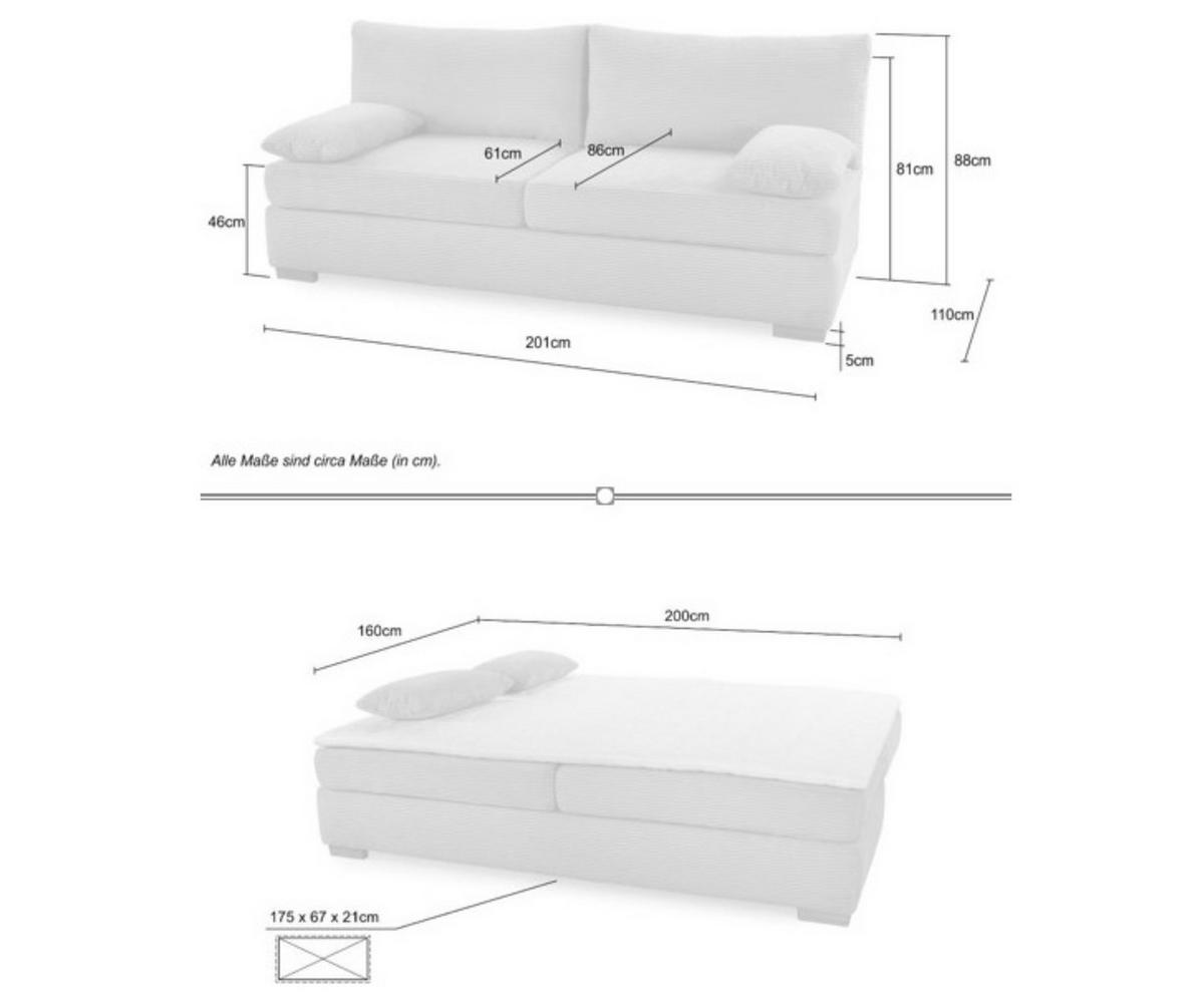 DAUER-SCHLAFSOFA Federkern Topper Bettkasten B201/T110/H88 cm, Liegefläche 160x200 cm, Feincord Beige / 15151 - Wildeiche/Eiche Bianco, Holz/Textil (201/88/110cm) - luma-home