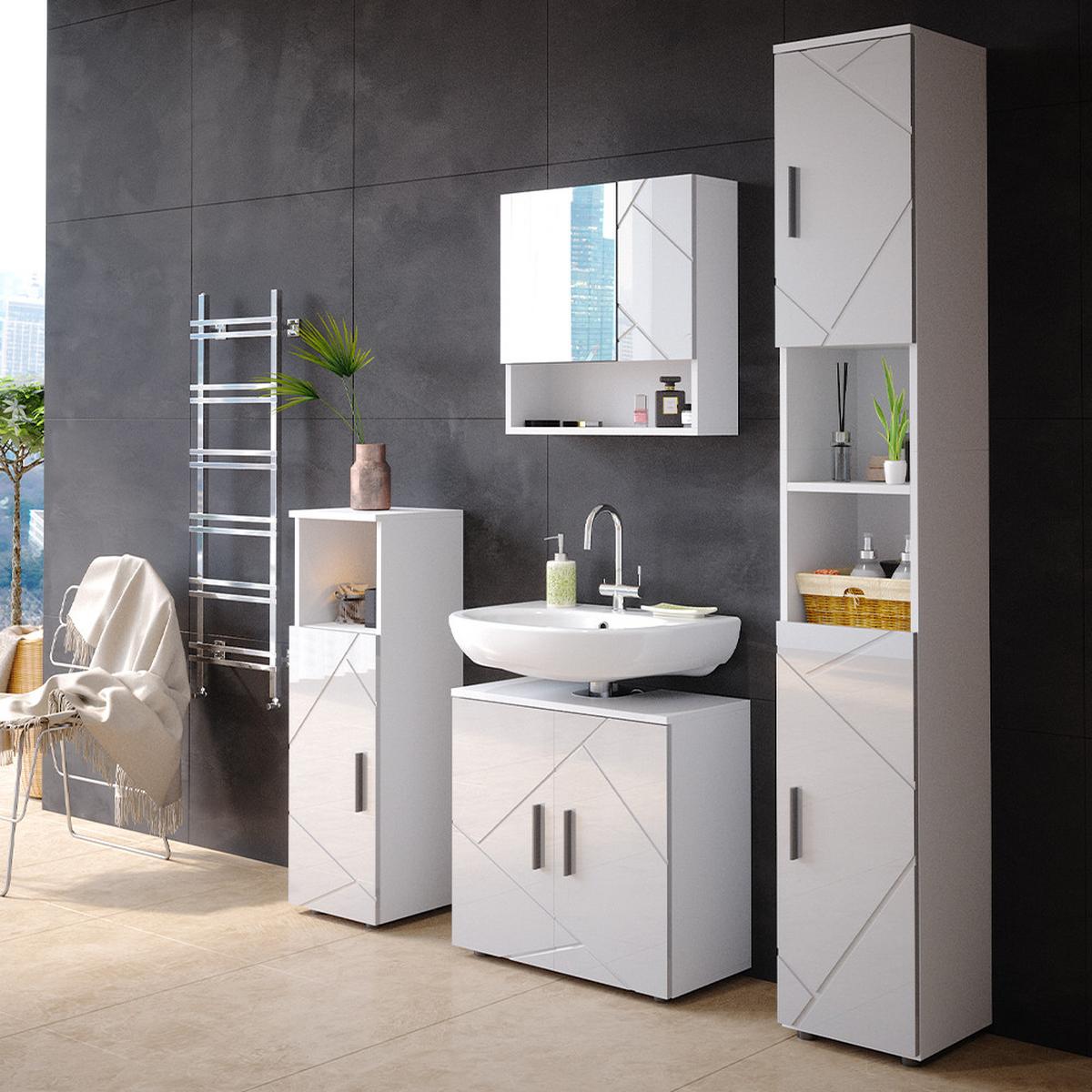 BADMÖBEL-SET Ronco Weiß Hochglanz 4 Teile, mit Hochschrank - Weiß Hochglanz, Holzwerkstoff (60/192/30cm) - Livinity®