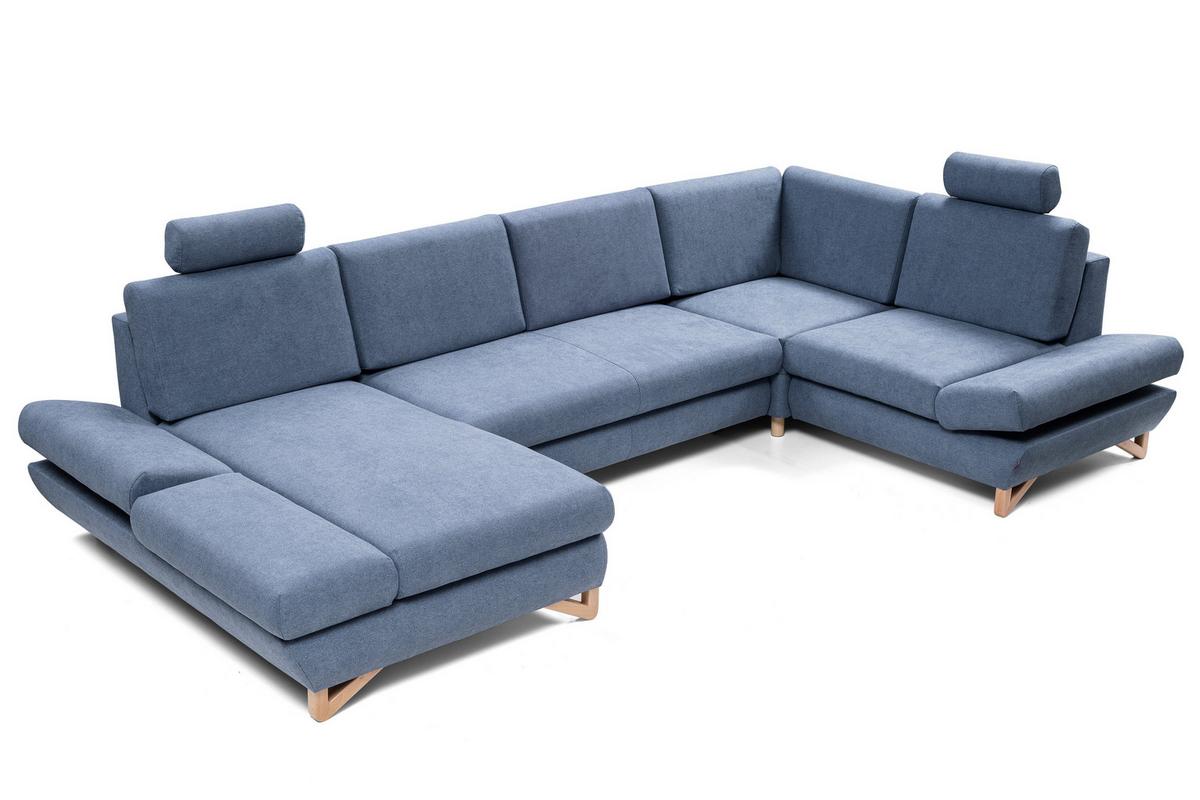 WOHNLANDSCHAFT CASA IV R-S Blau Plüsch-Stoff mit Schlaffunktion - Blau, Holz (344/100/199cm) - MASSENO