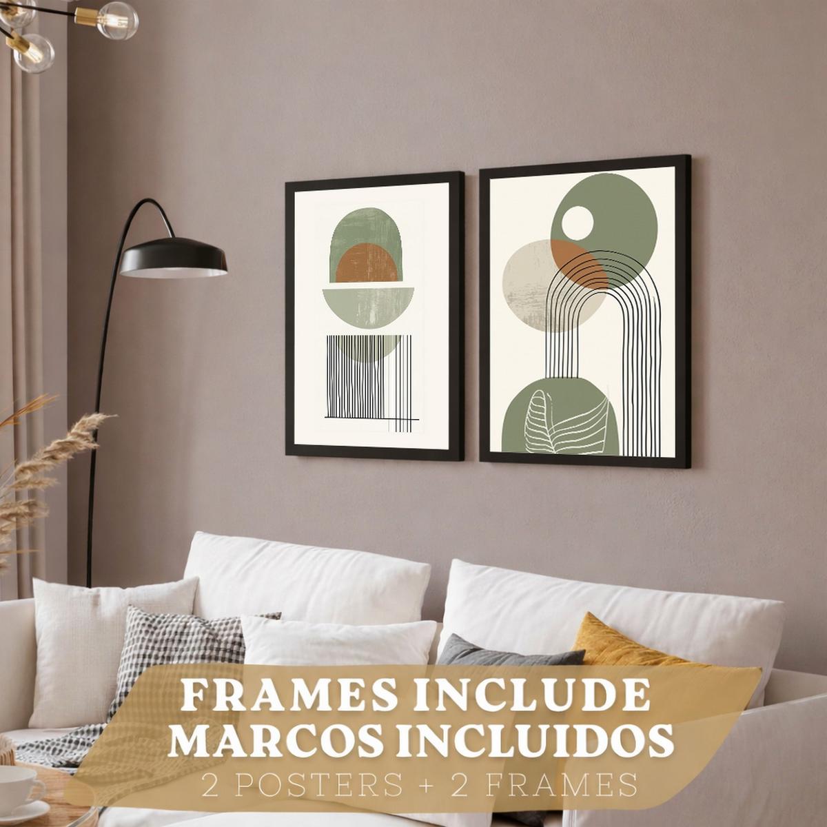 POSTER 3er Kunstdruck-Set Wandbilder Abstrakt Grün modern Wohnzimmer Deko, Schlafzimmer, Küche, Badezimmer Schwarzer Rahmen A3 - Schwarz, Papier (29.7/1/42cm) - Nacnic