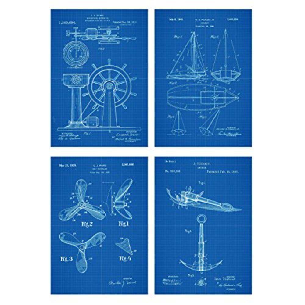 POSTER Set mit 4 Blau StiefelPatent A4 Schwarzer Rahmen - Schwarz, Papier (29.7/3cm) - Nacnic