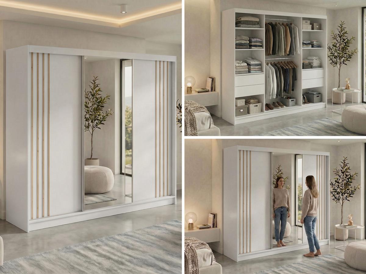 SCHWEBETÜRENSCHRANK mit Lamellen, Spiegel und Schubladen DIANA - 240 - Weiß und Eiche Artisan - Alufarben/Weiß, Holzwerkstoff/Metall (240/216/61cm) - MKS