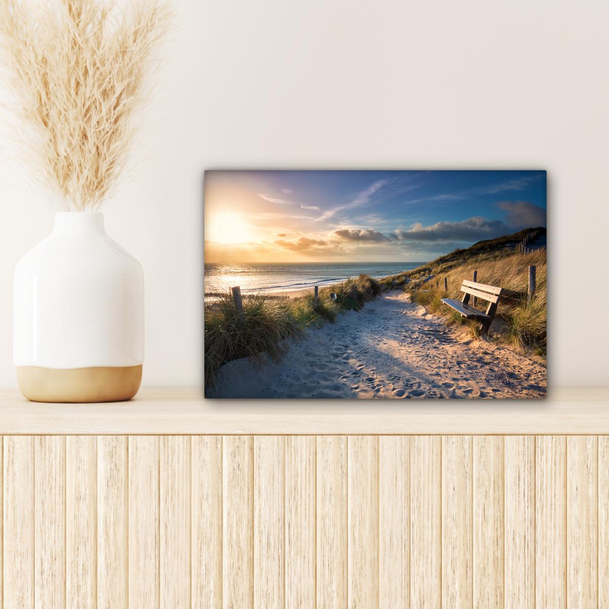 LEINWANDBILD Sonnenuntergang - Strand - Düne - Gras - Ufer Deko Schlafzimmer 30x20 cm - Sandfarben, Textil (30/20cm) - MuchoWow