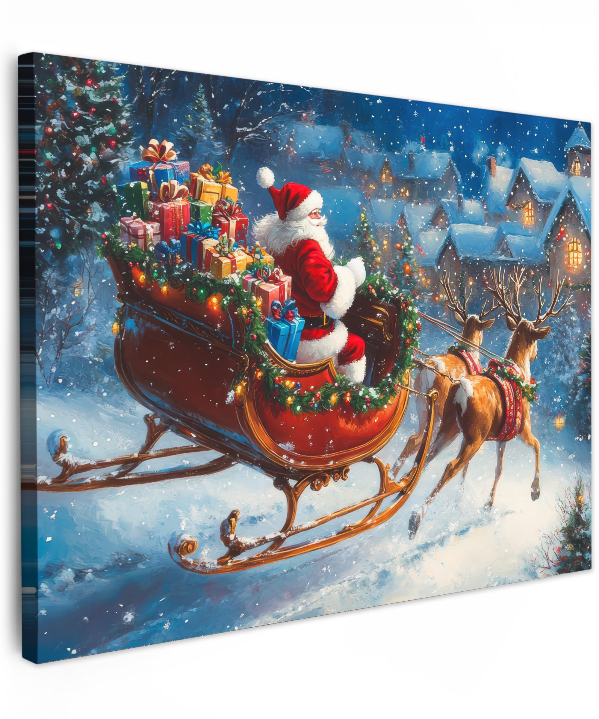LEINWANDBILD Weihnachtsmann - Rentier - Weihnachten - Schnee Wandbild 40x30 cm - Cognac, Textil (40/30cm) - MuchoWow