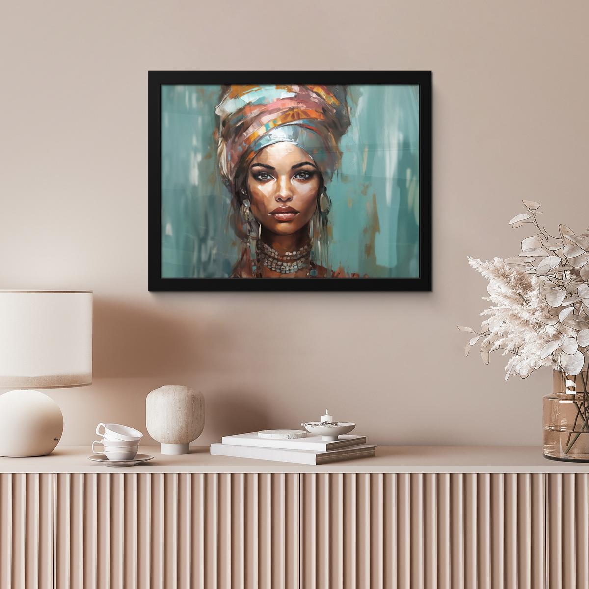 POSTER MIT RAHMENGERAHMTES BILD Frau - Kunst - Schmuck - Porträt 40x30 cm - Blaugrau, Papier (40/30cm) - MuchoWow