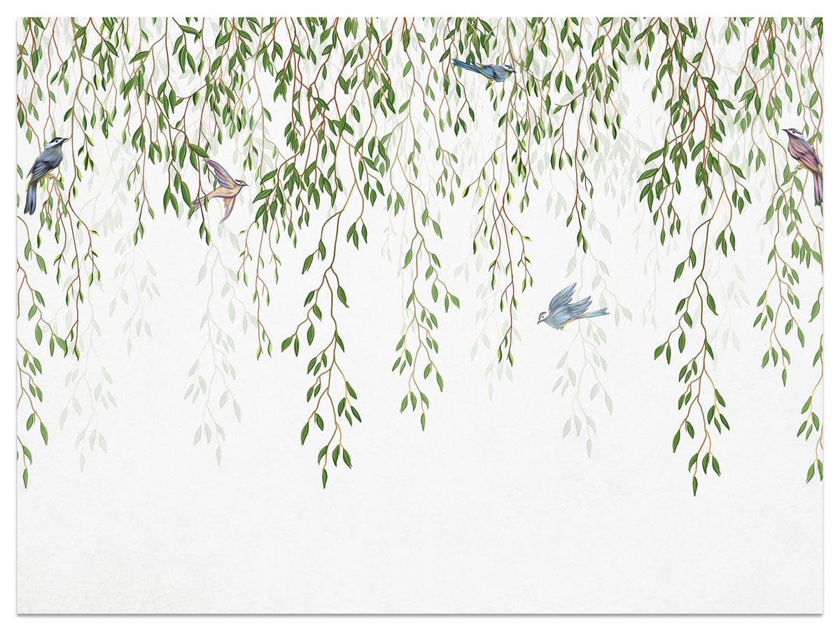 FOTOTAPETE für Schlafzimmer Trauerweide Äste Vögel Frühling Blätter 500x350 - Blau/Beige, Papier (500/350cm) - Muralo