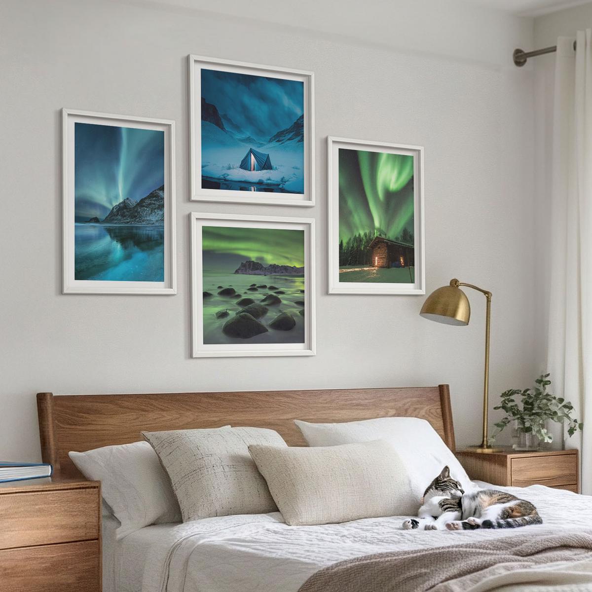 BILDER SET 4er Set - 50x50 cm & 40x60 cm Weißer Rahmen - Winterlandschaften, Nordlichter, Berge - Weiß, Kunststoff (50/50cm) - TULUP