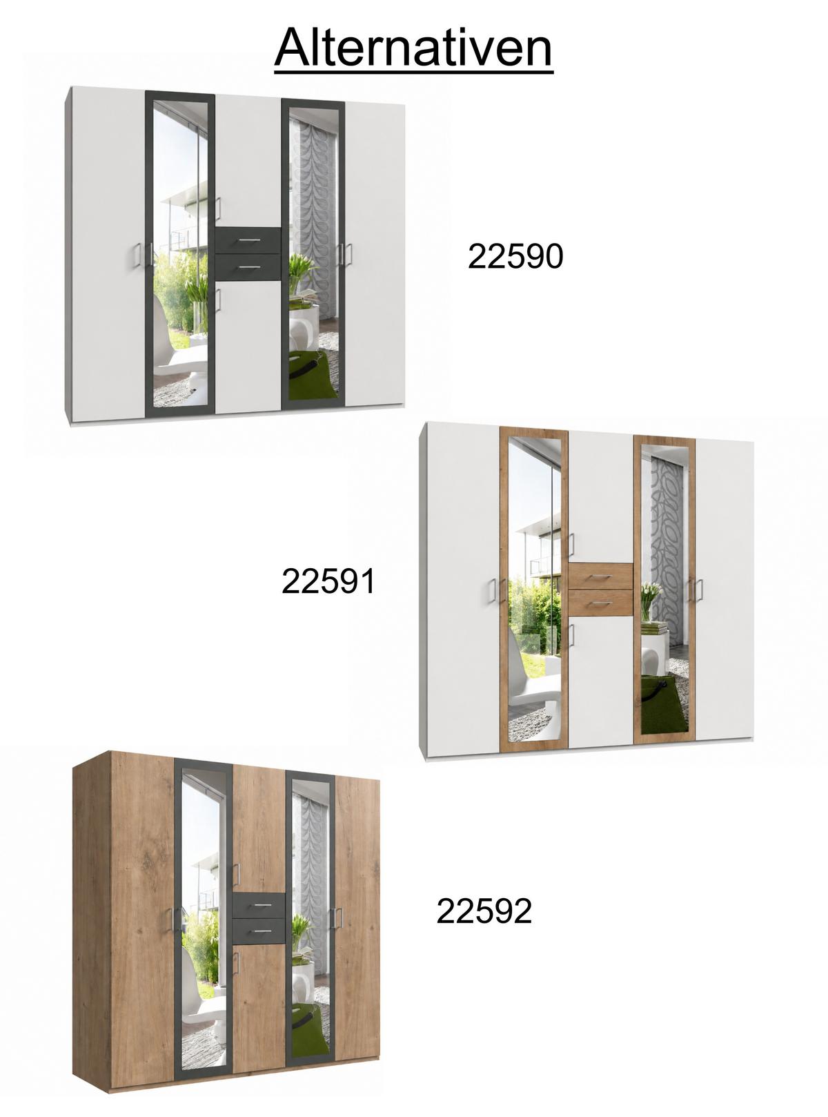 DREHTÜRENSCHRANK B225/H208/T58 cm, Weiß mit Absetzungen in Grafit, Kleiderschrank mit 2 Spiegeltüren & Schubkästen / 22590 - Silberfarben/Graphitfarben, Holzwerkstoff/Kunststoff (225/208/58cm) - luma-home