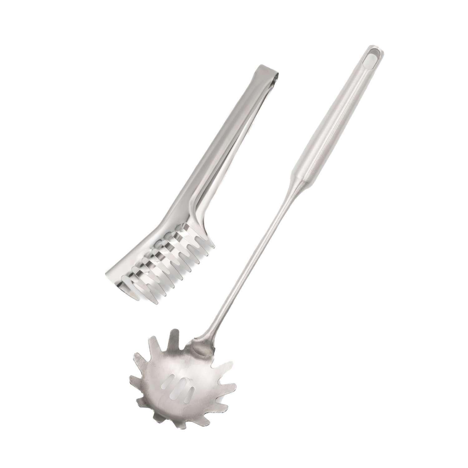 SPAGHETTILÖFFEL und Spaghettizange (2er Set) - Silberfarben, Metall - Intirilife
