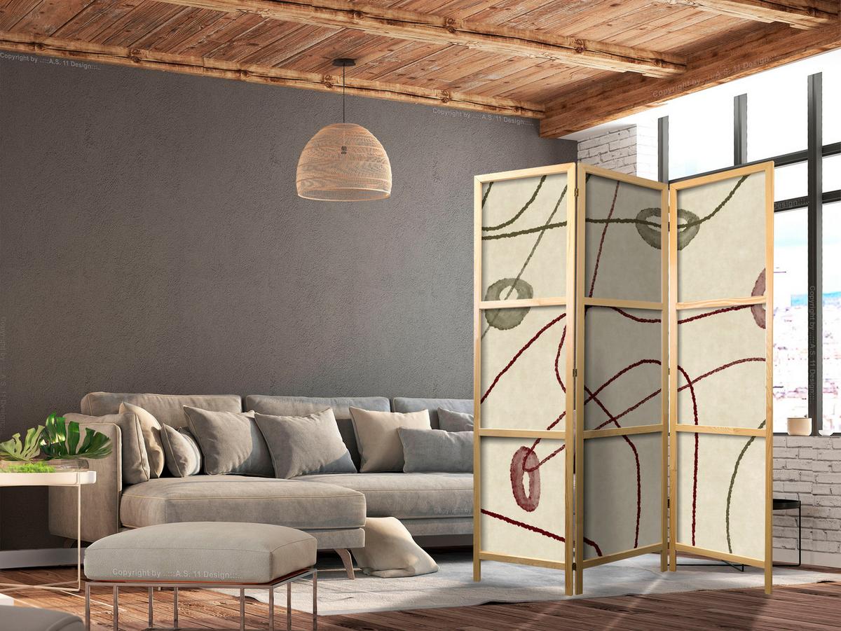 PARAVENT Japanischer 3-tlg 135x172 cm Retro Abstraktion - Beige, Holz/Textil (135/172/3cm) - Muralo