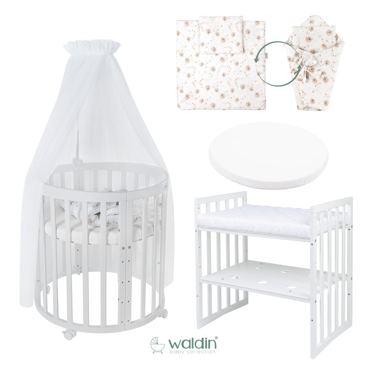 BABYBETT NATUR OVAL 7in1 mit Matratze und Himmelset - Naturfarben/Weiß, Holz/Textil (73/125cm) - waldin